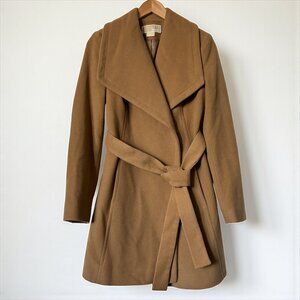 Michael Kors Wool Blend Wrap Solid Camel Coat with Belt Size XS